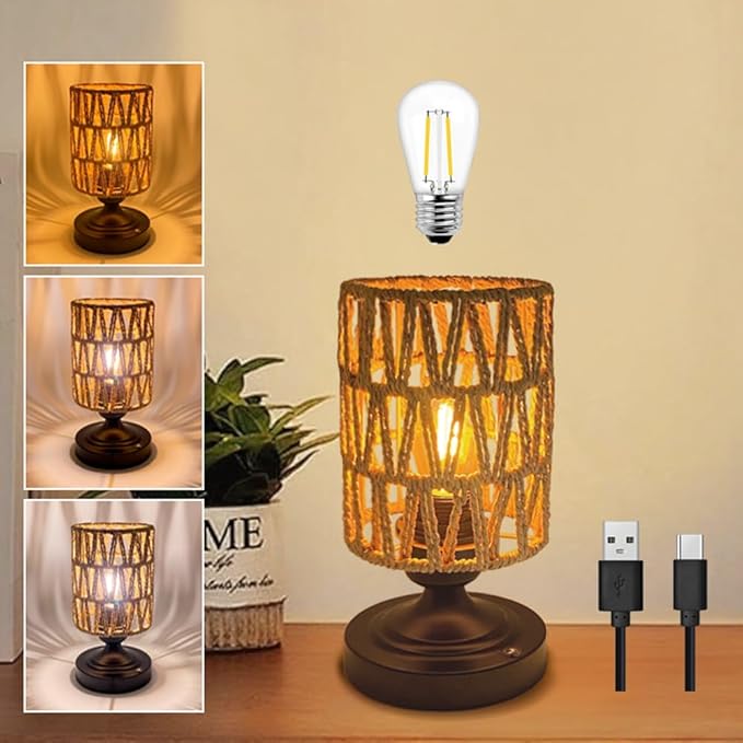 Set of 2 Cordless Rechargeable Table Lamps Night Light Desk Lamp, Battery Operated Farmhouse Table Lamp Boho Rattan Shade w/Blub Stepless Dimmable for Outdoor Patio Living Room Bedroom