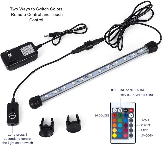 MQ 12 in Submersible LED Aquarium Light, 2W Color Changing Fish Tank Light with Remote Control, IP68 Crystal Glass 12 LEDs Lights Bar, for Fish Tank 15-20 inch