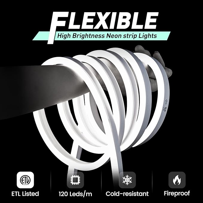 GZBtech Flexible LED Neon Rope Lights 50FT,AC 110-120V Waterproof Strip Light, 120 LEDs/M Cuttable Connectable Neon Lighting for Indoor Outdoor Home Decor/Commercial Use-Cold White 15M, ETL Listed