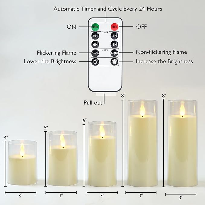 Homemory Ivory White Flickering Flameless Candles, Battery Operated Acrylic LED Pillar Candles with Remote Control and Timer, Set of 5