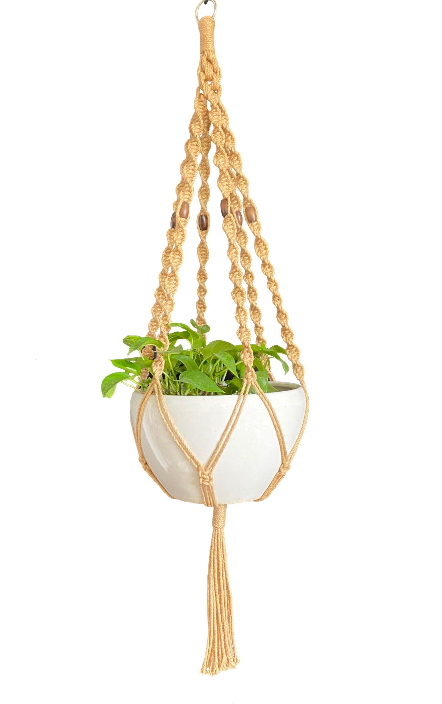 6 Legs Macrame Natural Jute and Cotton Plant Hanger & Holder and Metal Ring, 51-inches Length (Without The White Pot and Plant) (Jute) (Brown-Jute)