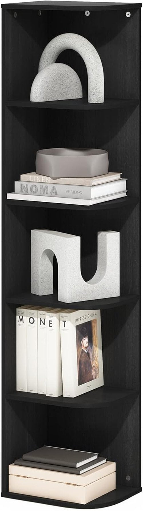Furinno PASIR 5-Tier Corner Bookshelf - Stylish Open Shelf Bookcase for Living Room, Bedroom & Office | Blackwood 9.3 x 12 x 51.7