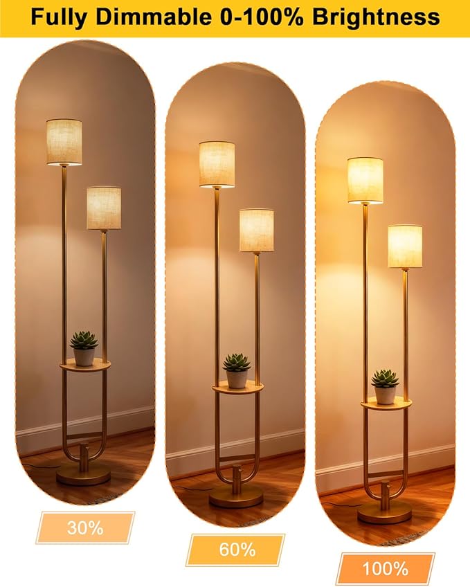 Lightdot 63Inch Floor Lamp with Table Dimmable Gold Floor Lamp for Living Room 2-Light Mid Century Modern Tall Standing Lamp with Fabric Shade for Bedroom/Sofa Beside/Corner Decor(Bulbs Included)