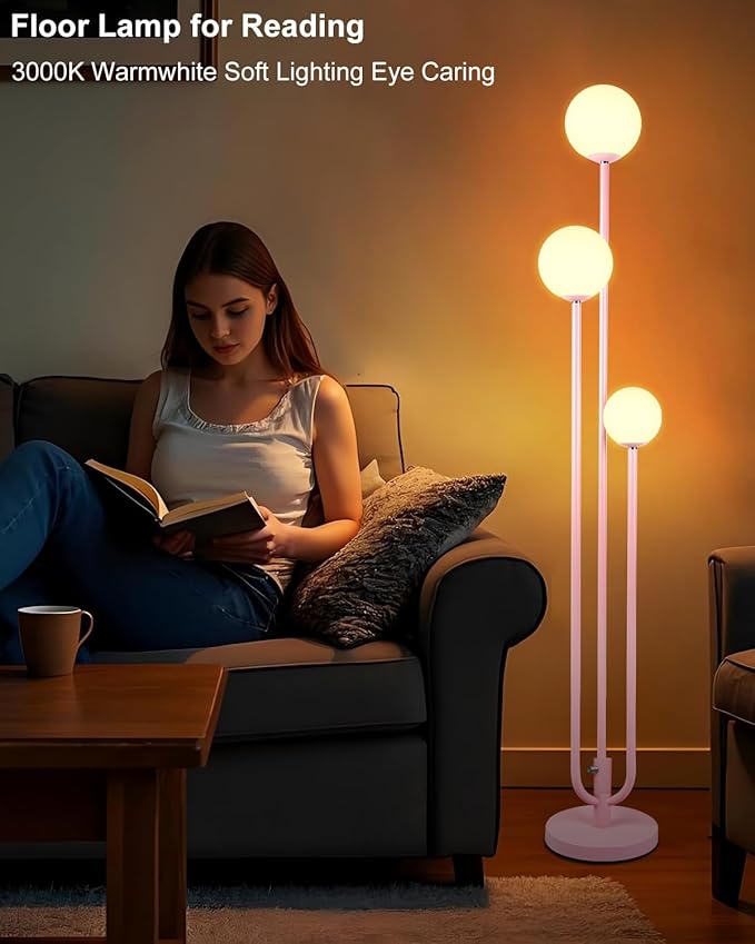 3-Light Pink Floor Lamp Dimmable, Unique Candle Holder Style Tall Standing Lamps with 3000K G9 Bulbs for Reading, Mid Century Modern Floor Lamp for Living Room Bedroom Office