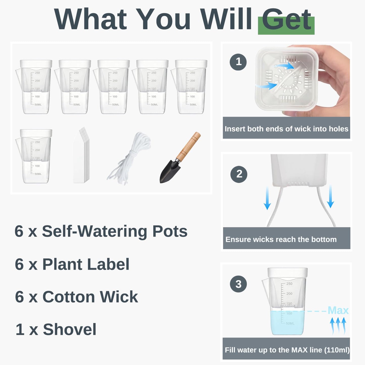 Poutilor 2.5 Inch Self Watering Pots, Clear Nursery Pots with Drainage Holes & Visible Water Level, 6 Pack Seed Starter Pots for Seedlings, Cuttings, Succulents, Prevent Overwatering
