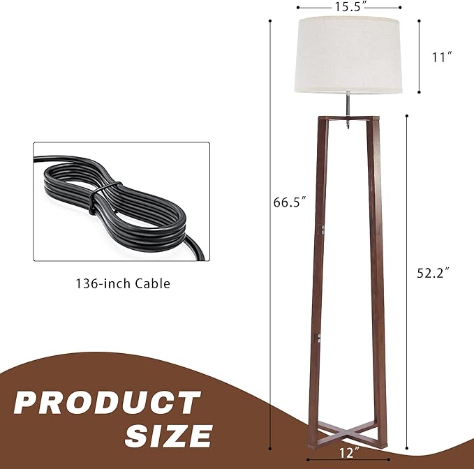 66" Bamboo Corner Floor Lamp with Linen Shade, Boho Rustic Standing Lamp for Living Room Bedroom Office, Modern Natural Tall Floor Lamp with E26 Base