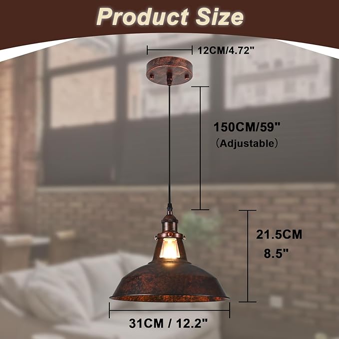 TAKEGO 12.2" Industrial Pendant Light, Farmhouse Pendant Light Kitchen Island, Vintage Hanging Light Rustic Light Fixtures, Hanging Ceiling Lamp for Kitchen Island, Hallway, Dining Room