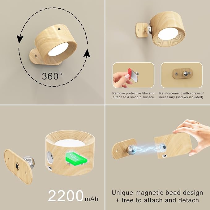 2PACK LED Wall Sconce - Rechargeable Cordless Wall Light, 3 Colors & 3 Brightness Levels, 360° Magnetic Rotating Head, Bedside Reading Lamp, Easy Install Battery Operated Lamp Wood