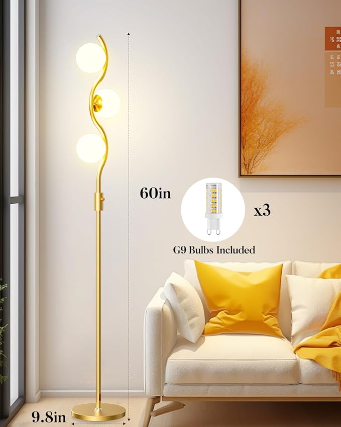 Lightdot 60IN Gold Floor Lamp Stepless Dimmable Globe Floor Lamps with 3Pcs 3000K G9 Bulbs Eye-Friendly Mid Century Standing Lamps with Stable Base for Living Room/Bedroom/Sofa Beside/Corner Decor