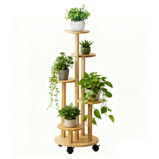 Tharyee 5 Tier Plant Stand Indoor, Wood Plant Shelf Corner Display Rack with Wheels, Multiple Plants Ladder Holder for Living Room Balcony Bedroom Garden Patio (Wood Color, 5 Tier)