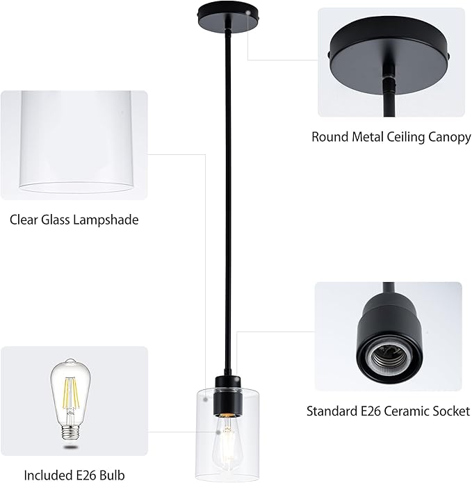 MAYNA 2-Pack Black Farmhouse Pendant Lighting, Rustic Glass Kitchen Island Lights with Bulbs, Adjustable Rods Vintage Hanging Fixtures for Dining Room, Bar