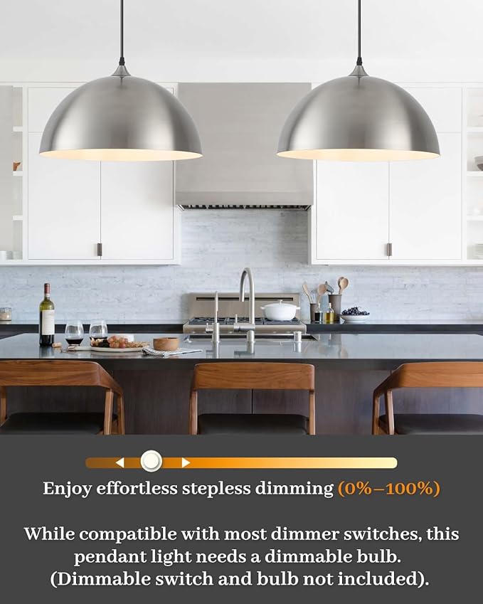 Brushed Nickel Pendant Lights Kitchen Island, 16 Inch Large Dome Pendant Light, Modern Farmhouse Pendant Light for Kitchen Island, Dining Room, Cafe, Bar, 2 Pack