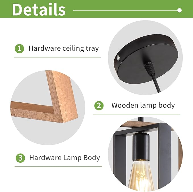 3 Pack Farmhouse Pendant Light Fixture, Black Kitchen Island Pendant Lights, Industrial Metal and Vintage Wood Hanging Light, Adjustable Height Rustic Ceiling Lamp for Entryway, Dining Room, Foyer