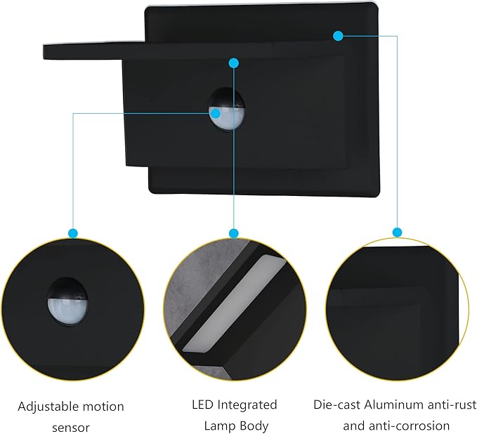 2 Pack Outdoor Wall Light Black LED Motion Sensor Porch Light Wall Mount Lamp for Garage House IP54 Waterproof 680LM 10W