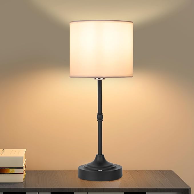 Cordless LED Table Lamp,Portables Fabric Shade Desk Lamps, Rechargeable Battery Powered Lighting, Dimmable Light for Dining Room, Bedroom, Bedside, Night Light, Balcony (Black)