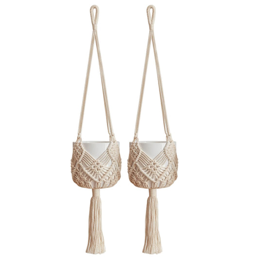 Faroby 2 Pack Macrame Plant Hangers Indoor, 35 Inch Boho Handwoven Cotton Rope Hanging Plant Holder with Tassel for Home Decor White, Hangers Indoor