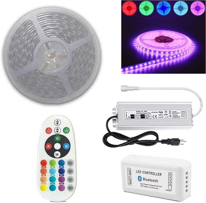 200FT (2X 100FT/Roll) 60LEDs/M 24V 5050 IP67 Waterproof RGB LED Flexible Strip Light w/Bluetooth Remote & Controller(Waterproof) and Power Supply(Waterproof)