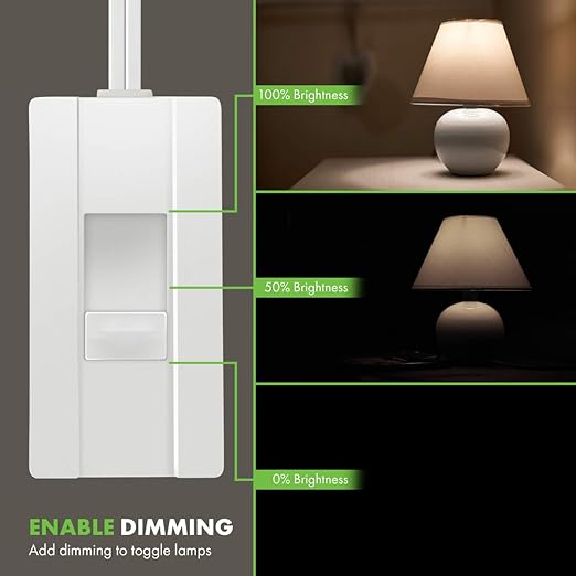 TOPGREENER Table-Top Plug in Dimmer for Table or Floor Lamps, Slide Control, Works with 360 Watt Incandescent and 150 Watt Dimmable CFL/LED, Off at Lowest dim, 6ft Cord, TGTTDL300-W, White, 2 Pack