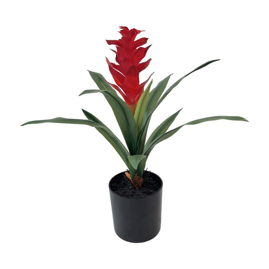 LNGODEHO 16'' Artificail Bromeliad Plant Greenery Hand Touch Leaf Flower in Pot for Indoor Outdoor Patio Garden Home Décor (Red)