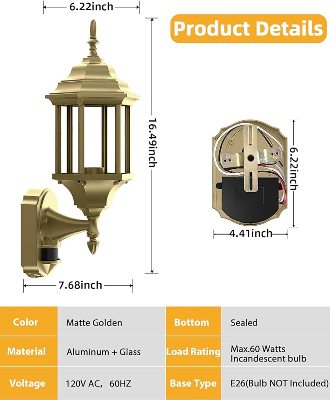 Redluck Motion Sensor Outdoor Lights, 16 inch Dusk to Dawn Outside Porch Lights, Waterproof Anti-Rust Aluminum Outdoor Wall Lights Exterior Lighting Fixtures for House, Garage, Front Door, Gold