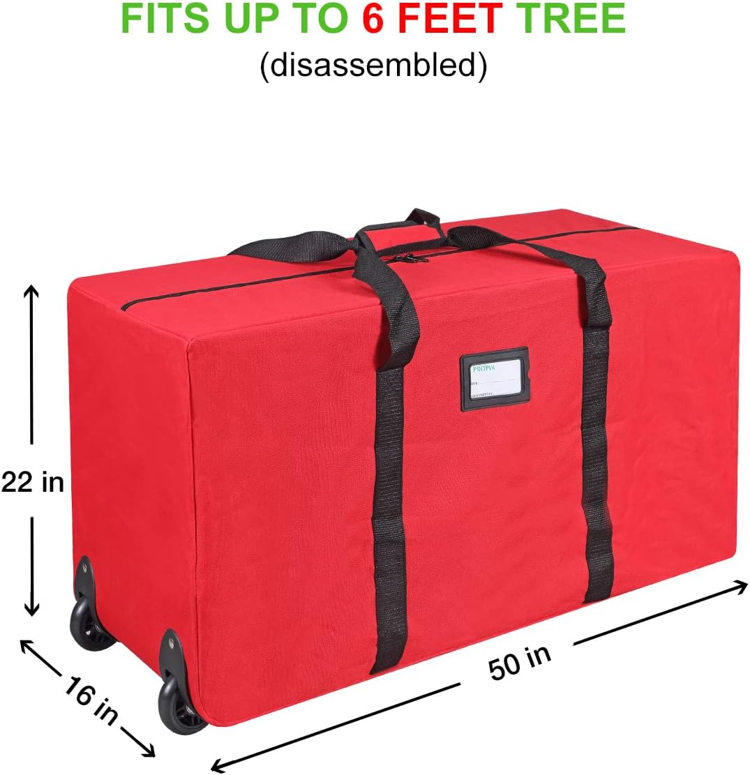 ProPik Holiday Rolling Tree Storage Bag - Fits Up to 6 Ft Tall Disassembled Christmas Tree | Heavy-Duty 600D Oxford with Wheels & Handles (Red)
