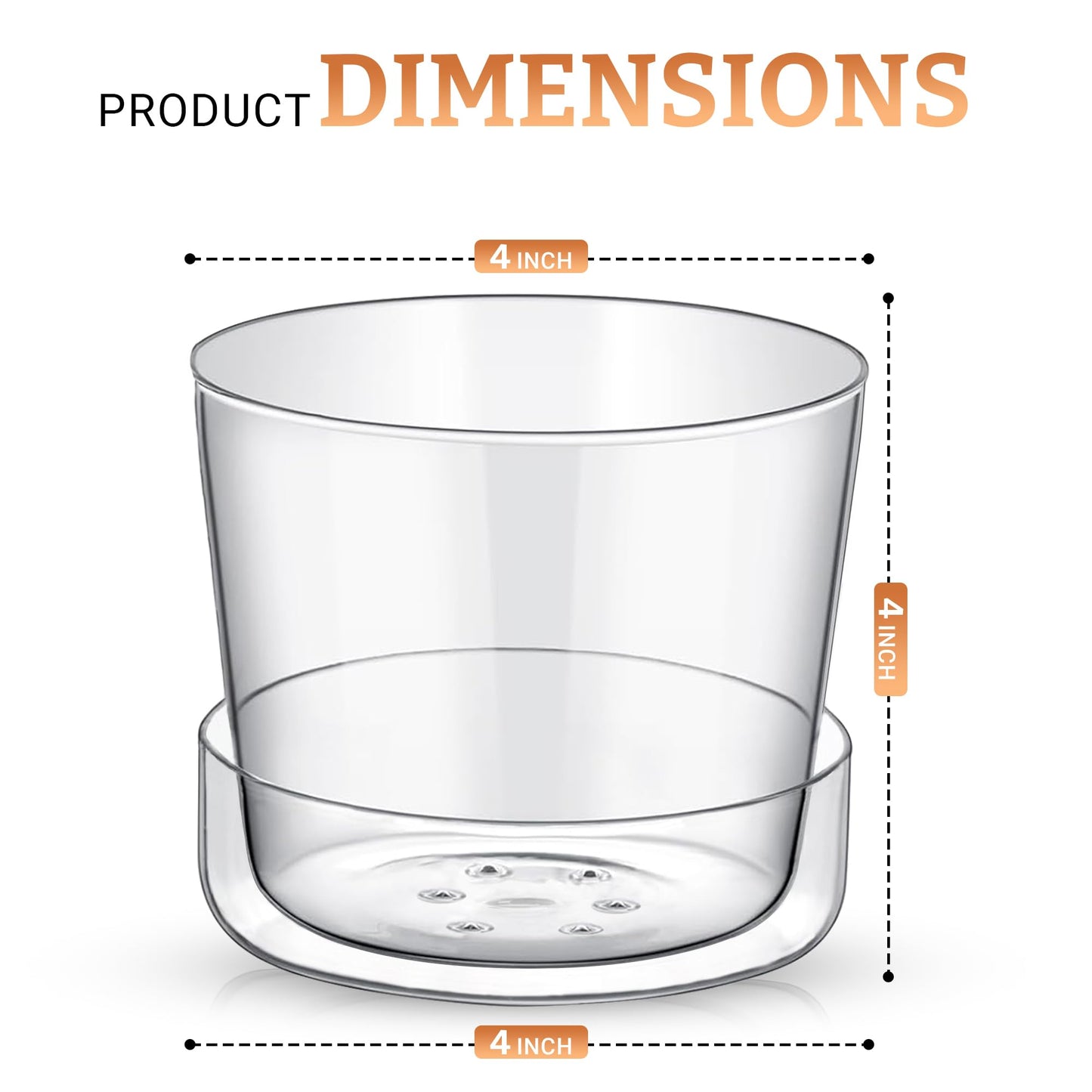 SHEER POTS Sheer Glass Pot Planter with Drainage Holes & Tray - Decorative & Modern for All House Plants (4 Inches)