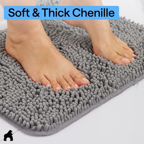 GORILLA GRIP Bath Rug Mat - Thick, Soft Absorbent Chenille | Quick-Dry Microfiber, 44x26, Grey
