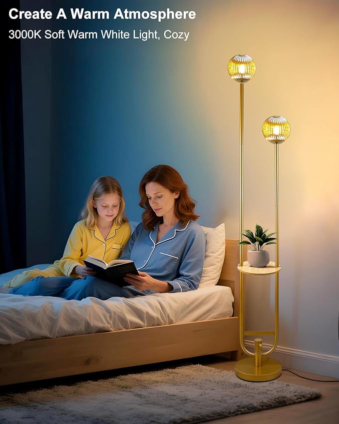 Lightdot Glass Floor Lamp with Tray, 2Pcs 3000K Warm White Bulbs Included, Mid Century Modern Standing Lamps, Gold Dimmable Globe Floor Lamp for Living Room/Wedding/Party//Sofa Beside/Corner Decor