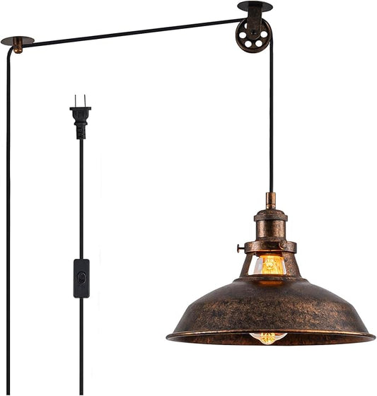 Plug-in Pendant Light with 16FT Cord, Industrial Metal Hanging Lamp with On/Off Switch, Hanging Lights with Plug in Cord for Living Room, Kitchen, Dining Room, Bedroom