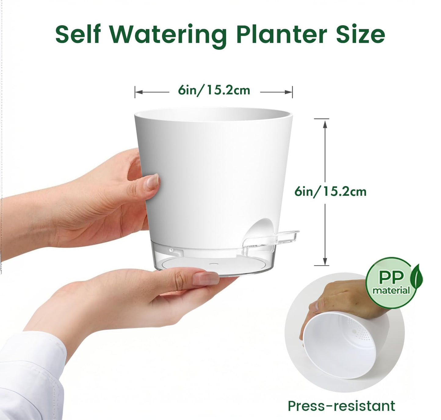 Meowell 6 inch Self Watering Pots for Indoor Outdoor Plants, 6 Pack Flower Plant Pots with Drainage Holes and Clear Reservoirs, Visible Water Level, Plastic Planters with Wicking Rope, White