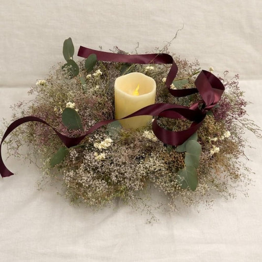 Pearly Dried Flower Centerpiece, Handmade Everlasting Floral Arrangement with Sweet Annie and Eucalyptus, 16 Inch Round Botanical Decor for Table, Mantel or Wall