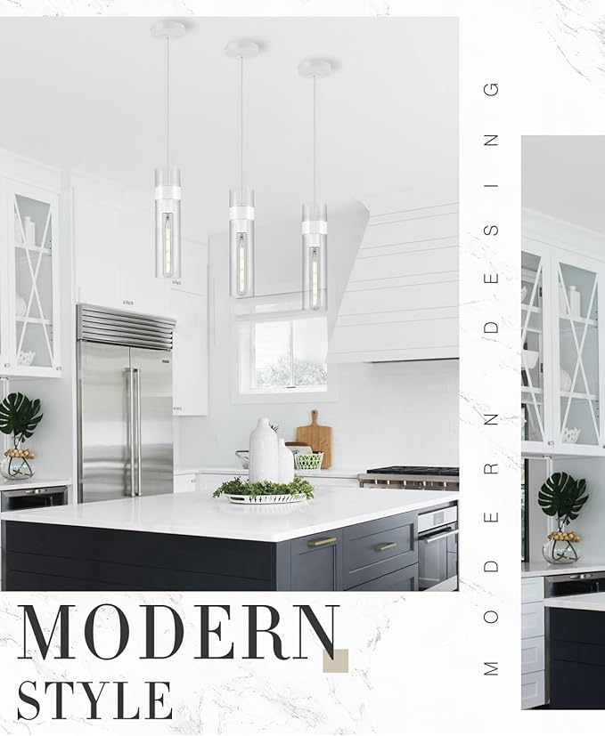 Pendant Lights Kitchen Island (Bulb Included), White Adjustable Modern Glass Pendant Light Over Island, Industrial Pendant Light Fixtures for Dining Room Hallway Bedroom Living Room