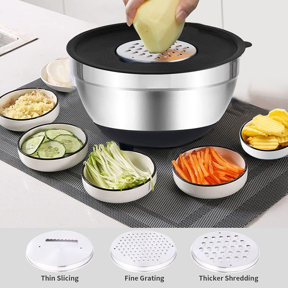 Rottay Mixing Bowls Set - 20PCS Stainless Steel with Airtight Lids & Grater Attachments | Non-Slip Bottoms