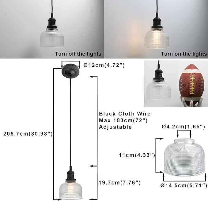 Yosoan Indoor Vintage Pendant Light with Striped Shade, 1-Light Hardwired Edison Vanity Fixture Industrial Semi Flush Mount Lamp Bowl Texture Glass for Kitchen Table Bar Island(Black)