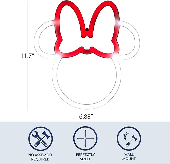 Disney Minnie Mouse Neon Figural LED Hanging Wall Art, Kids Bedroom & Playroom Wall Décor, 6.8” x 11”