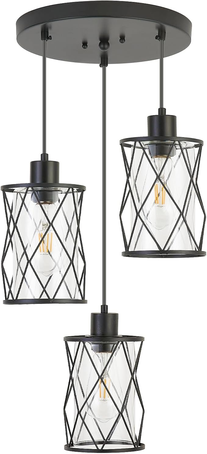 Refice 3-Light Pendant Lights Kitchen Island, Black Kitchen Cluster Hanging Pendant Lights with Clear Glass, Modern Cage Chandelier Light Fixture for Sink Dining Room Bedroom Bar