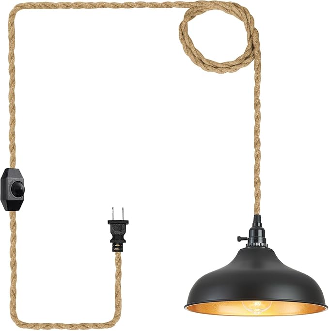 Plug in Pendant Lights Dome Hanging Lamp with Dimmable Switch 15 Ft Long Hemp Rope Farmhouse Pndant Light Cord Lighting Fixture DIY Hanging Light