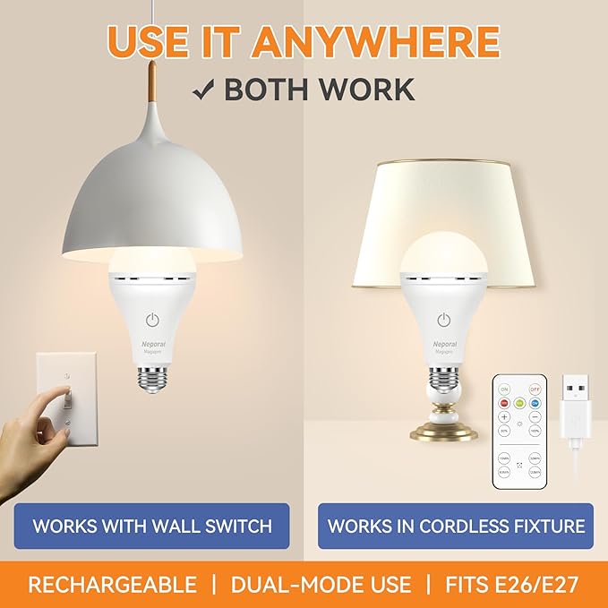 MagixPro Remote Rechargeable Light Bulbs, USB & Socket Charging, 1800mAh Battery, Dimmable LED Bulb for Hardwired & Non-wired Lamps Sconces, Touch + Remote Control, Wall Switch Compatible, 4PK