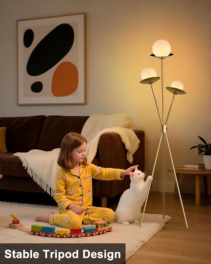 Lightdot Tripod Floor Lamp Dimmable Globe Floor Lamps with 3 LED Bulbs Included, 3000K Soft Warmwhite Modern Standing Lamps Gold Tall Lamp for Living Room/Bedroom/Sofa Beside/Corner Decor