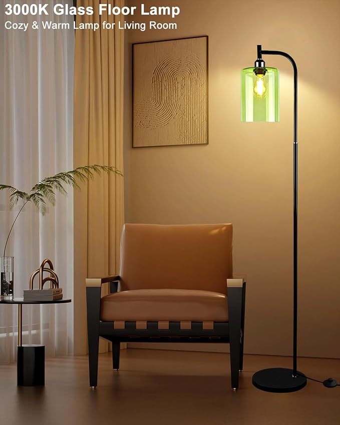 Lightdot 64IN Glass Floor Lamp for Living Room, Modern Standing Lamps with Green Ribbed Glass Lampshade& Bulb Included, Industrial Floor Lamp for Bedroom/Sofa Beside/Corner Decor-Black