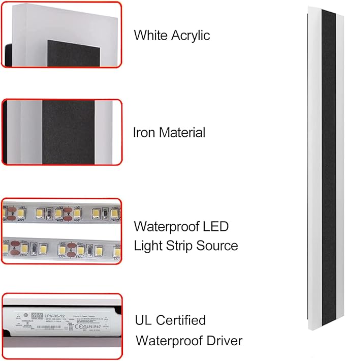 Outdoor Long Strip Modern LED Wall Lighting Fixture Lamps, Elegant Frosted White Acrylic, Black Aluminum Body IP65 Waterproof Anti Rust (Cold White, 67inch)