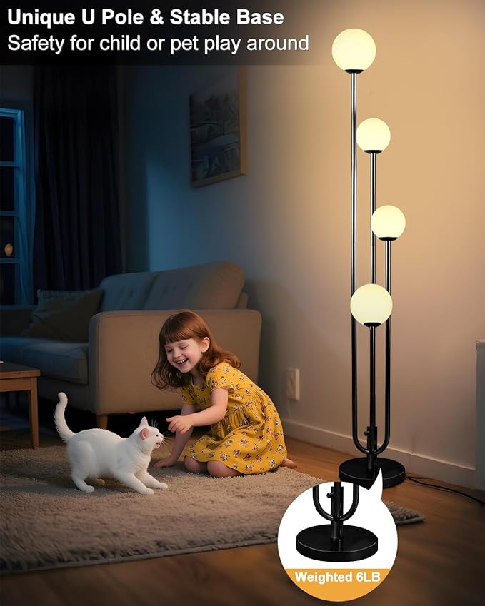Lightdot Black Globe Floor Lamp 4-Lights Dimmable Floor Lamps with Tray 3000K Bulbs Included Unique Candle Mid Century Tall Standing Lamp for Living Room/Bedroom/Sofa Beside/Corner Decor