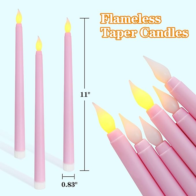 Pink Flameless Taper Candles with Remote, Flickering Battery LED Candlesticks Spring Home Decor Set of 6