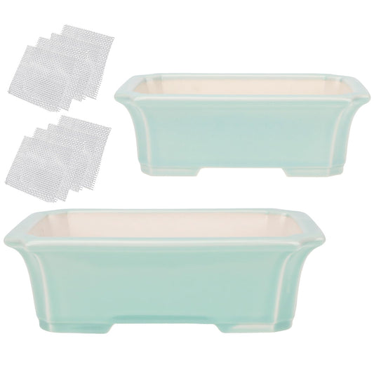 Set of 2 Zisha White Clay Bonsai Pot Glazed Shallow Succulent Planter Light Green