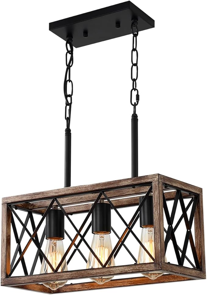 KEESFU Farmhouse Kitchen Island Lighting, 3 Lights Pendant Lighting Fixtures, Adjustable Height, Industrial Dining Room Light for Living Room Foyer Dining Table Over Sink. (Wood Grain Color)