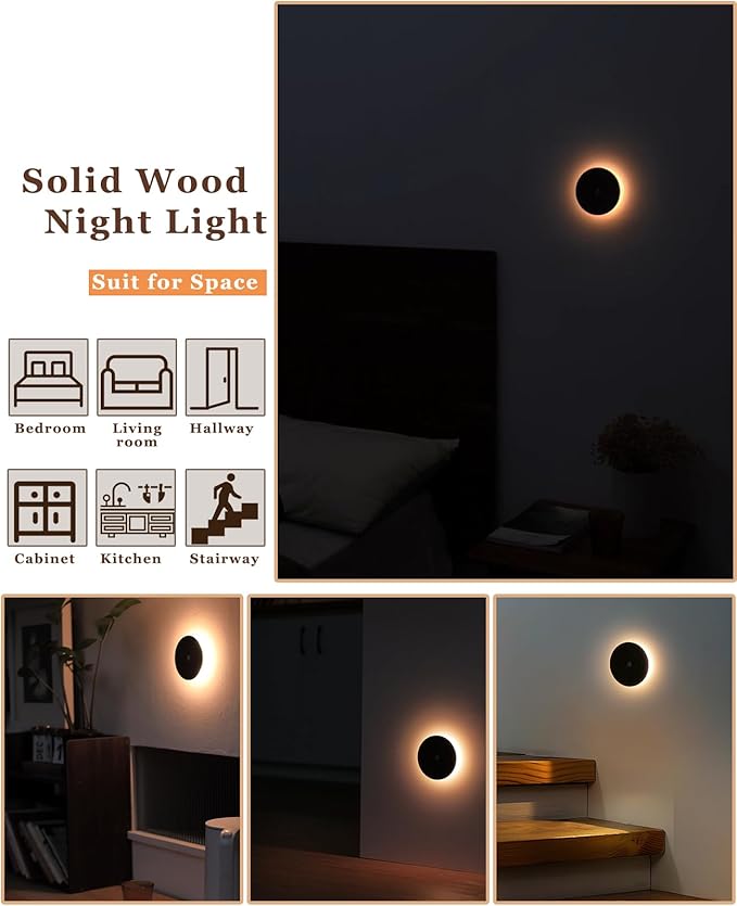 Motion Sensor Night Light Wood Rechargeable Battery Powered Stick-On Step Lights Magnetic Closet Warm Nightlight for Hallway Bedroom Stair, Black Walnut