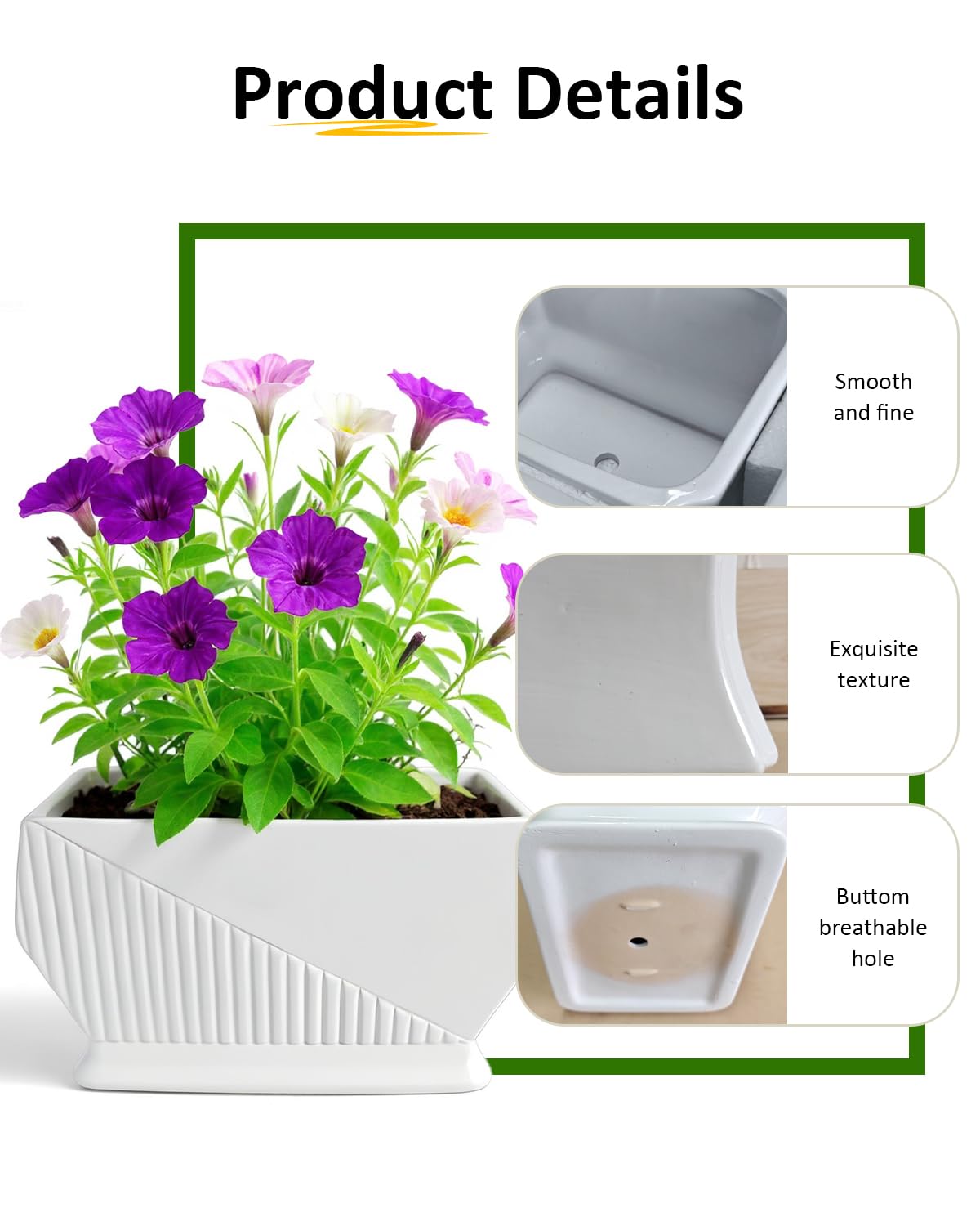 OXART Ceramic Plant pots Indoor Pots Set with Drainage Holes, 12+9 inch Flower Pot Rectangle Planters Pots for Plants for Plants Lilies, Cacti, Succulents, and Pothos, No Trays (White-1)