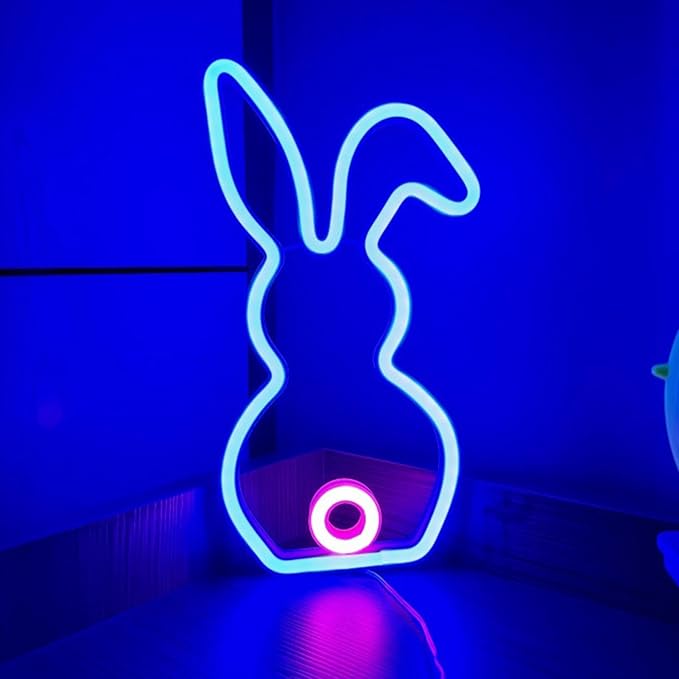 LAFANDE Bunny Easter Neon Sign for Easter Decorations, LED Lights USB Easter Window Lights, Rabbit Lamp Window Lights, Wall Window Decor for Party Holiday Night Bedroom Present