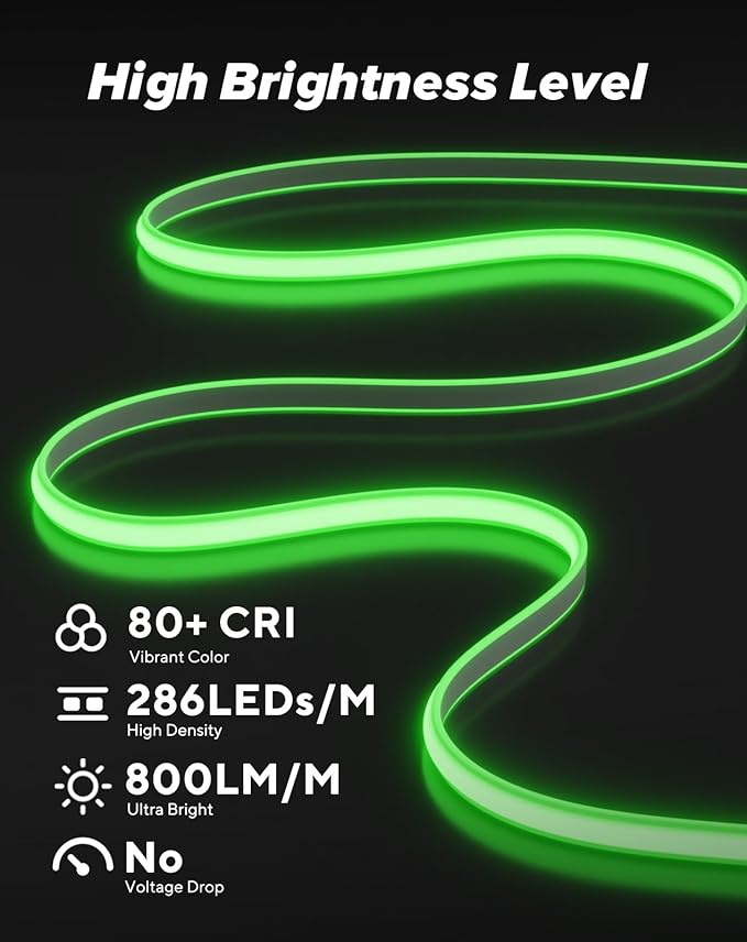 Shine Decor COB LED Rope Light AC 120V, 800lm Ultra Bright, IP65 Waterproof Cold-Resistant ETL Neon Strip, No Driver Tape Lighting for Home Commercial 10x4.5mm, Green, 50ft