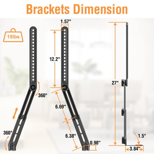 ELIVED Soundbar Mount, Sound Bar TV Bracket, for Mounting Above or Under TV, Fits Most Sound Bars Up to 15 Lbs, Tool-Free Knob Adjustable, for 23-90" tvs with Detachable Extension Arms and L-Brackets